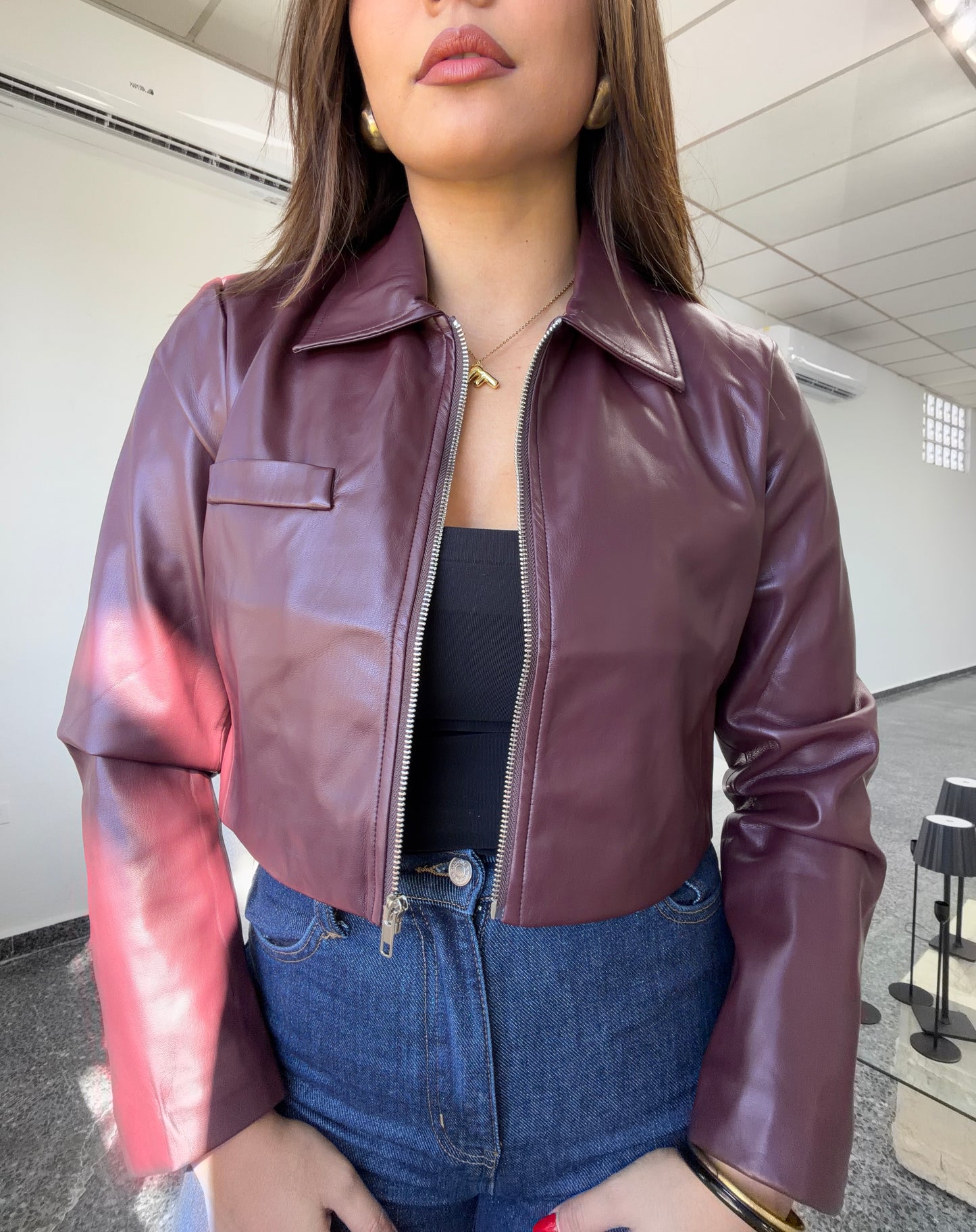 Burgandy Leather Crop Jacket