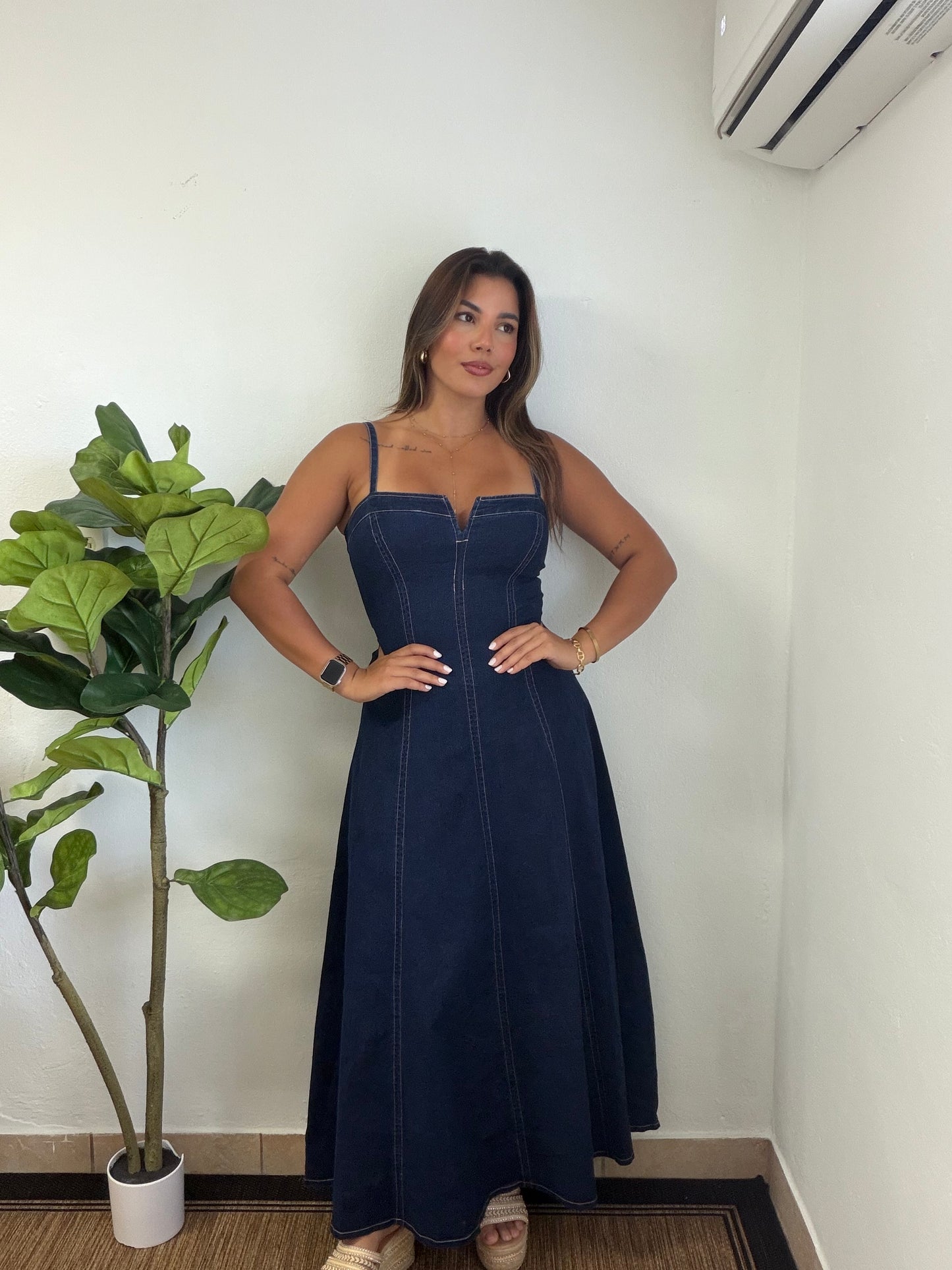 Denim Maxi V Dress