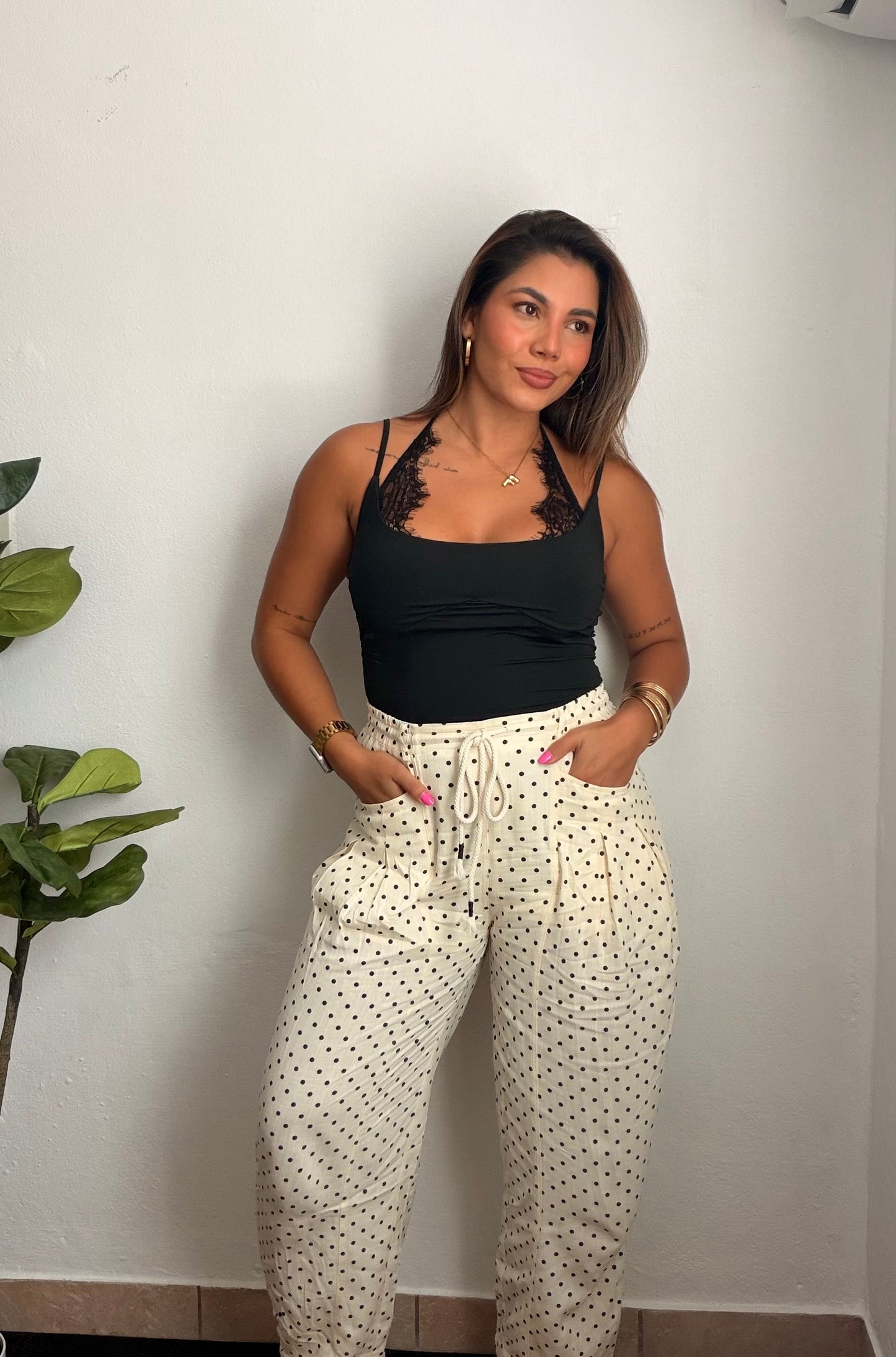 Polka Dots Linen Barrel Pant