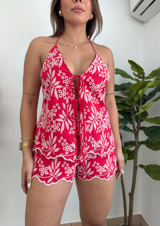 Red Eyelet Detail Short Set