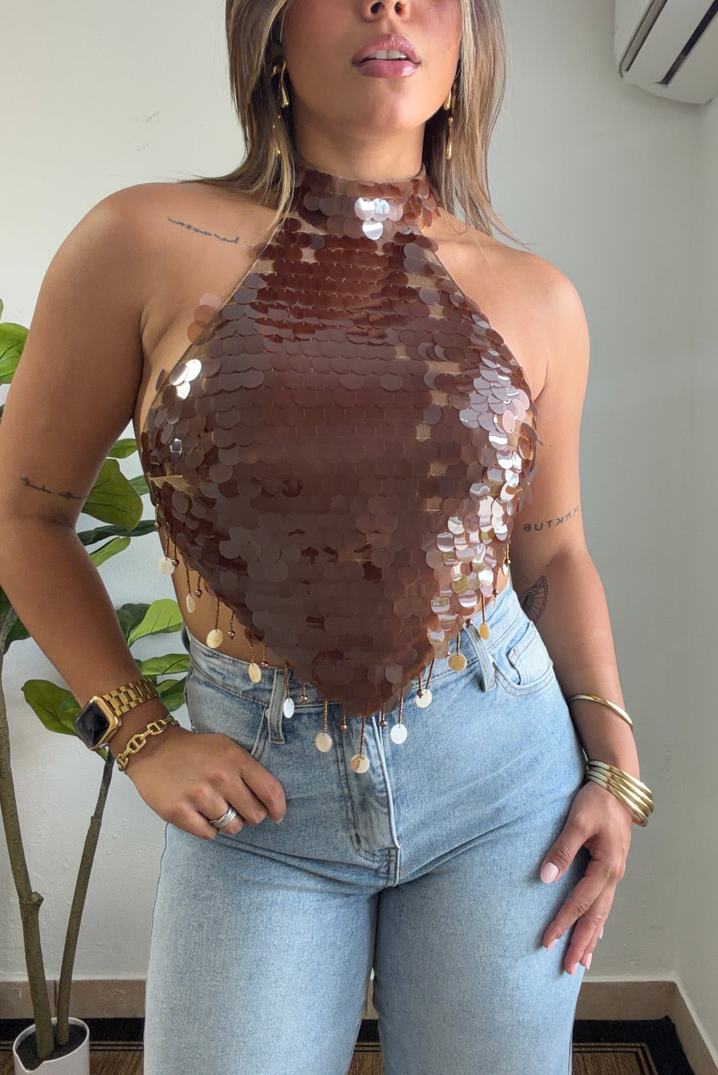 Shells & Sequin Brown Top
