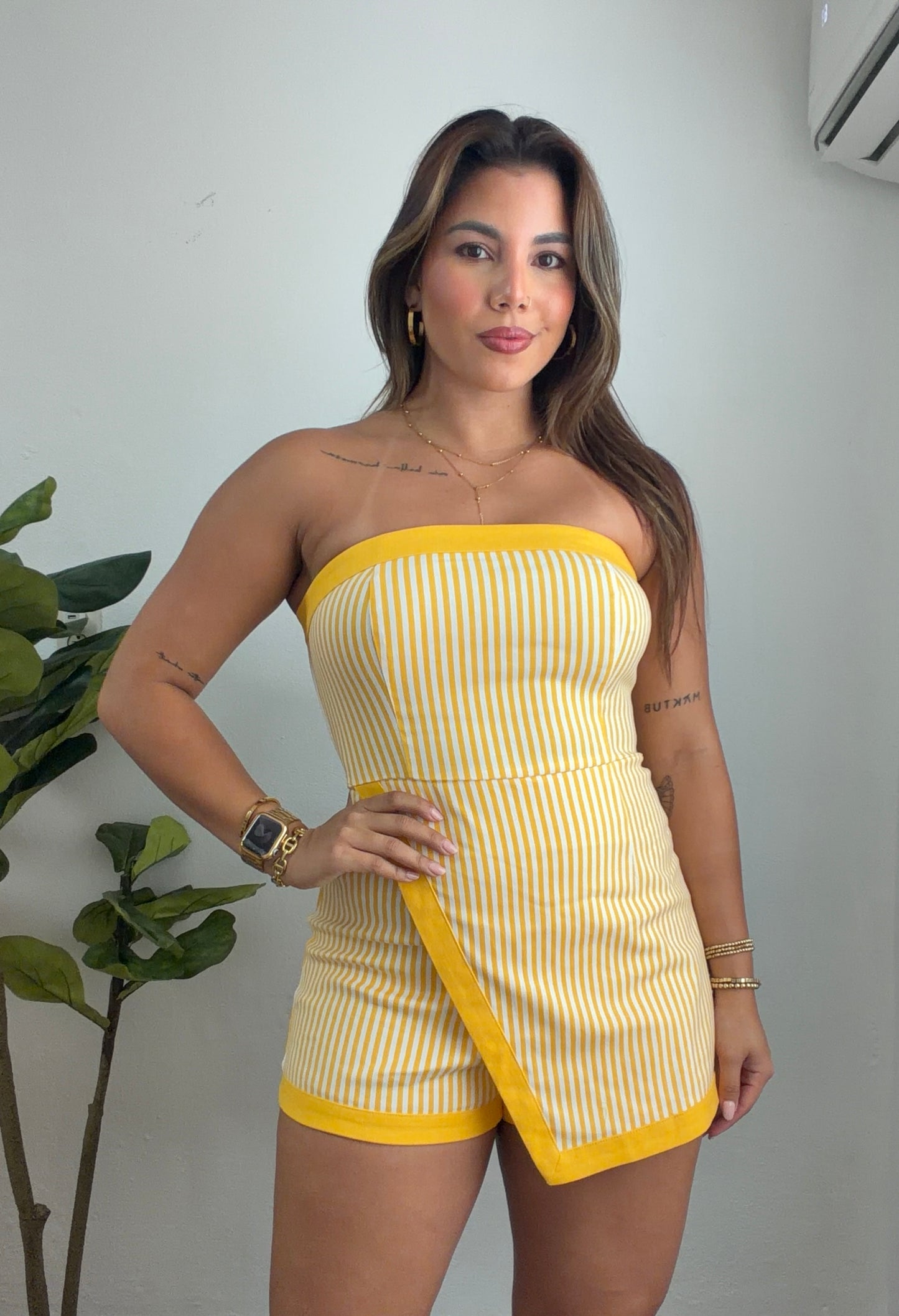 Denim Stripe Yellow Romper