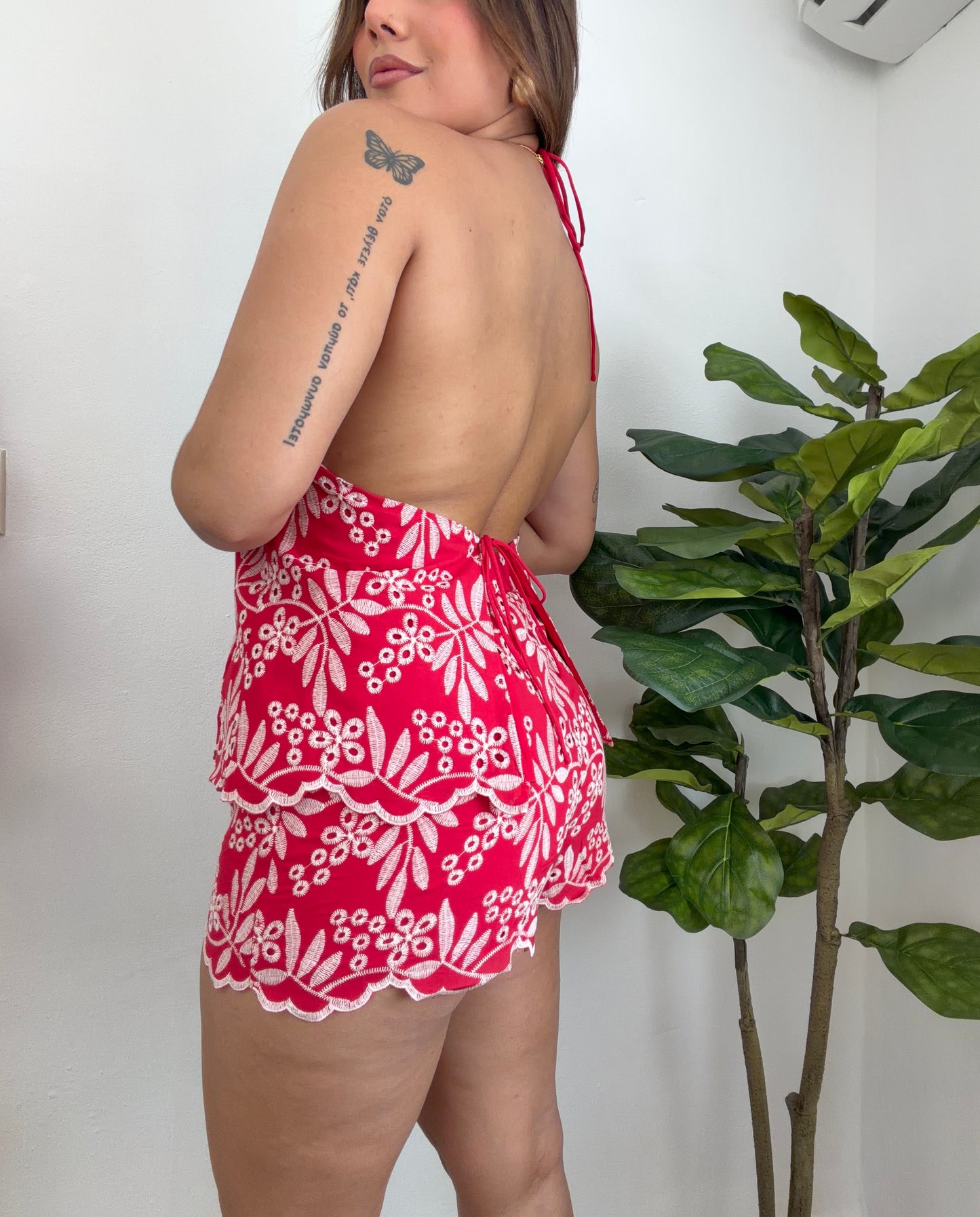 Red Eyelet Detail Short Set