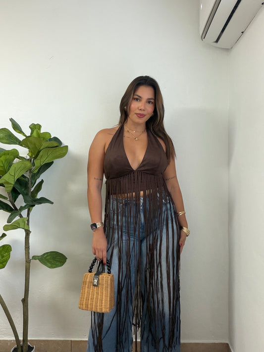 Brown Fringe Long Top