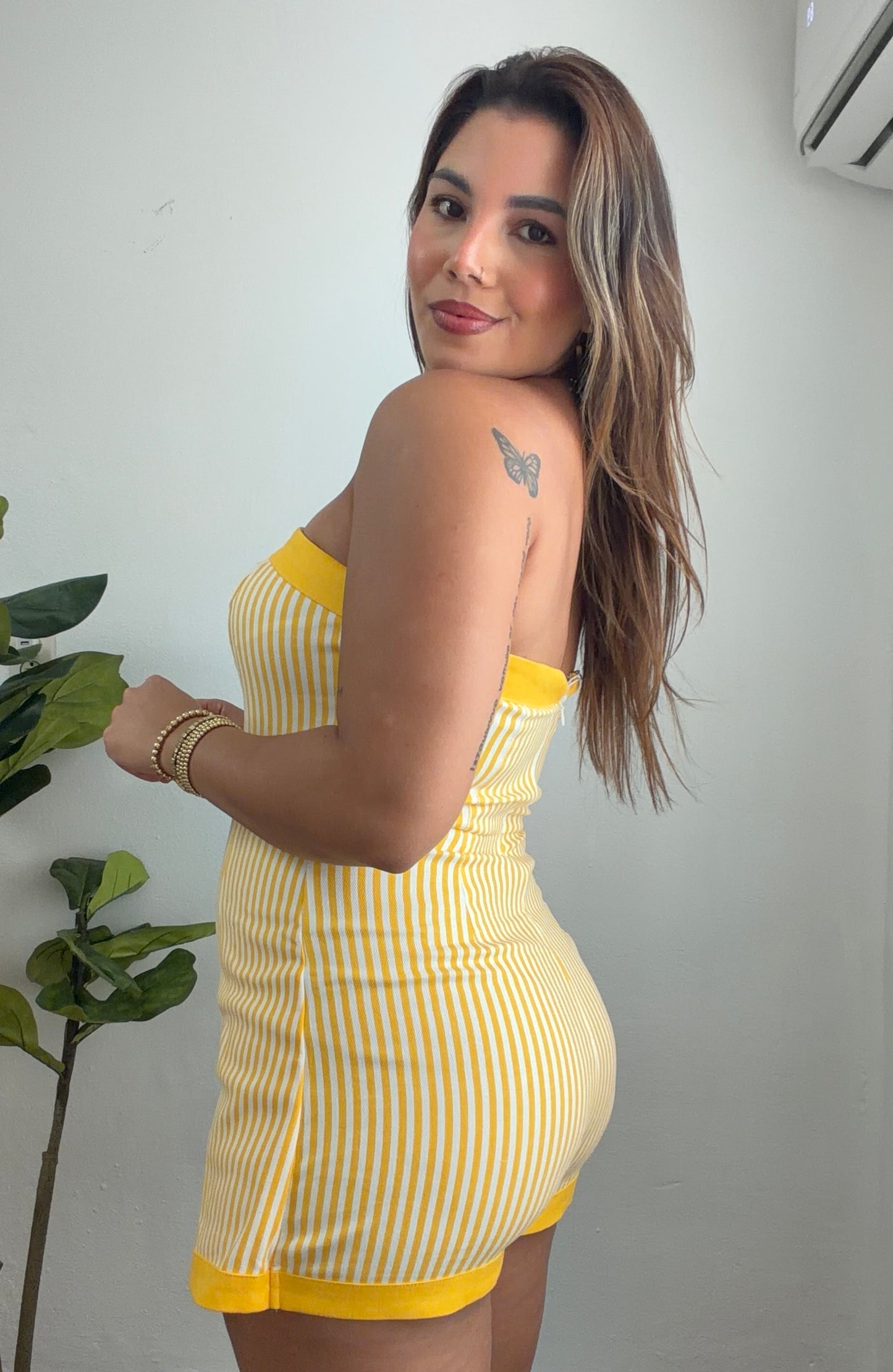 Denim Stripe Yellow Romper