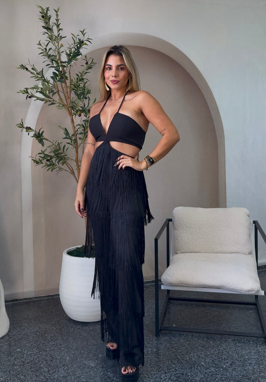 Black Party Fringe Jumpsuit